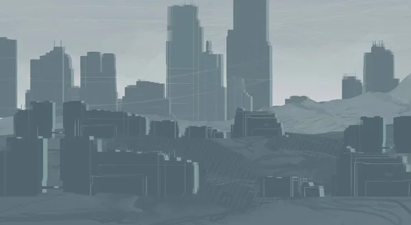2Dイラスト 超高層ビル都市大都市 デジタルアート 手作りのデジタル絵画 — ストック写真