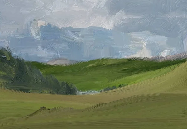 Colorato Campo Campagna Verde Erba Ora Legale Illustrazione Pittura Olio — Foto Stock