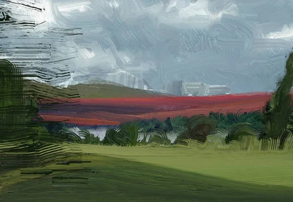 Pestré Zelené Pole Tráva Letním Čase Ilustrace Olejomalba Krajinné Umění — Stock fotografie