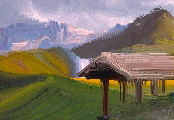 Ilustração Pintura Óleo Arte Paisagem Região Montanhosa Rural Campo Verde — Fotografia de Stock