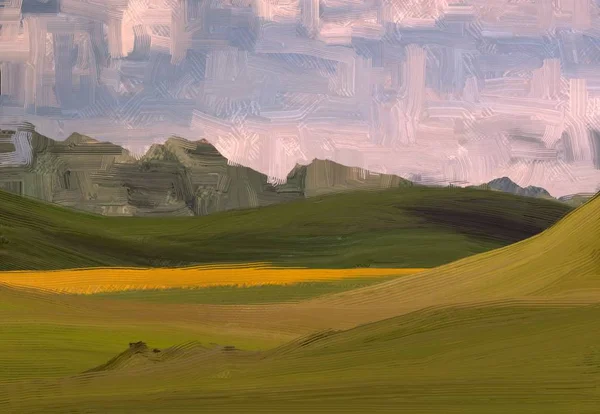 2d illustration. Oil painting landscape art. Rural mountain region. Colorful green field and grass. Summer time. Countryside.