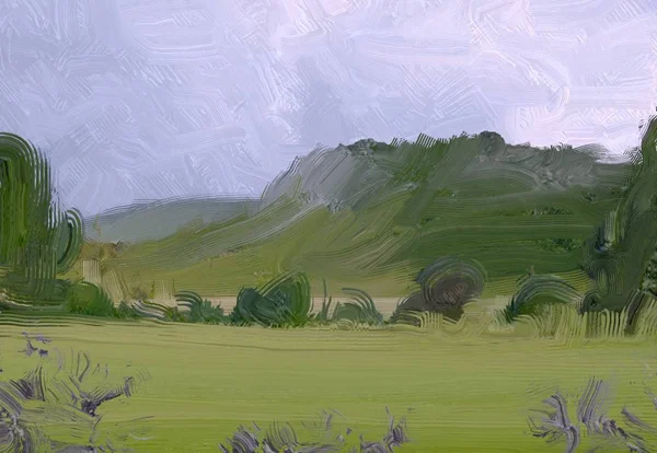 2d illustration. Oil painting landscape art. Rural mountain region. Colorful green countryside field and grass. Summer time.