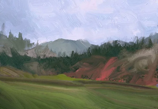 Illustration Oil Painting Landscape Art Rural Mountain Region Colorful Green — Stock Photo, Image