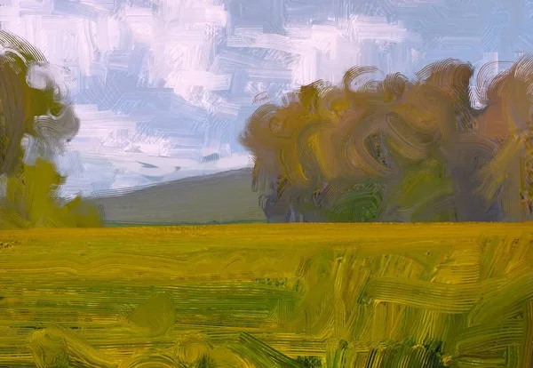 2d illustration. Oil painting landscape art. Rural mountain region. Colorful green field and grass. Summer time. Countryside.