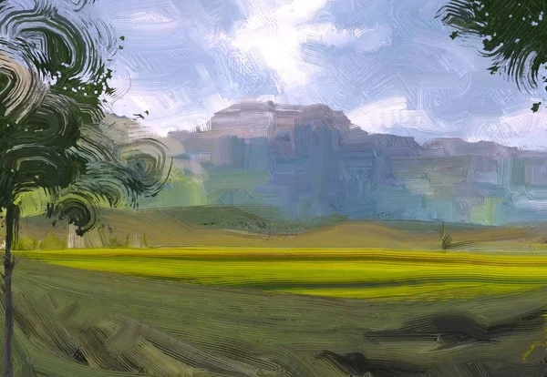 2d illustration. Oil painting landscape art. Rural mountain region. Colorful green field and grass. Summer time. Countryside.