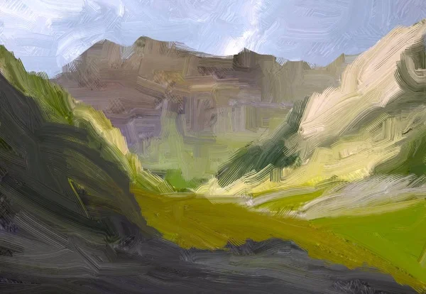 Ilustracji Malarstwo Olejowe Sztuki Krajobrazu Wiejskiego Regionu Górskiego Kolorowe Zielone — Zdjęcie stockowe