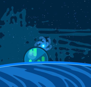 2d illüstrasyon. Karikatür çizmek tarzı. Derin yıldızlararası uzay. Yıldızlar, gezegenler ve uydular. Çeşitli bilim kurgu yaratıcı fon. Uzay sanatı. Hayali kozmik arka plan. Gezegenler ve Uydular.