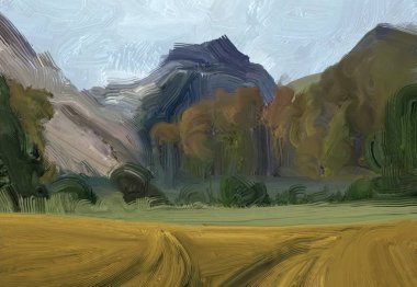 2d illüstrasyon. Yağlıboya manzara sanatı. Kırsal dağlık bölge. Renkli yeşil alan ve çimen. Yaz zamanı. Kırsal.