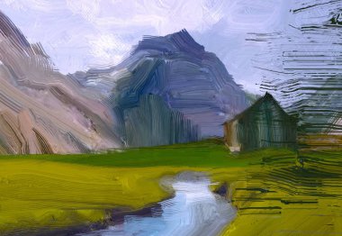 2d illüstrasyon. Yağlıboya manzara sanatı. Kırsal dağlık bölge. Renkli yeşil alan ve çimen. Yaz zamanı. Kırsal.