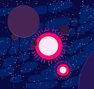 2d illüstrasyon. Karikatür stil boşluk resmi çizin. Derin geniş alan. Yıldızlar, gezegenler ve uydular. Çeşitli bilim kurgu yaratıcı fon. Uzay sanatı. Uzaylı güneş sistemleri. Gezegenler ve Uydular.