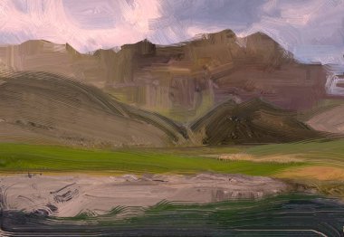 2d illüstrasyon. Yağlıboya manzara sanatı. Kırsal dağlık bölge. Renkli yeşil alan ve çimen. Yaz zamanı. Kırsal.