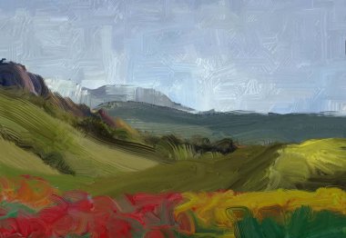 Renkli yeşil kırsal alan ve çim. Yaz zamanı. 2d illüstrasyon. Yağlıboya manzara sanatı. Kırsal dağlık bölge.