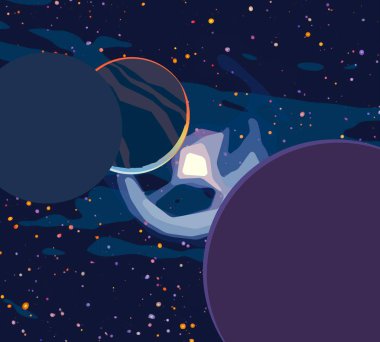 2d illüstrasyon. Karikatür stil boşluk resmi çizin. Derin geniş alan. Yıldızlar, gezegenler ve uydular. Çeşitli bilim kurgu yaratıcı fon. Uzay sanatı. Uzaylı güneş sistemleri. Gezegenler ve Uydular.