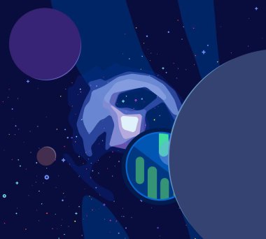 2d illüstrasyon. Karikatür stil boşluk resmi çizin. Derin geniş alan. Yıldızlar, gezegenler ve uydular. Çeşitli bilim kurgu yaratıcı fon. Uzay sanatı. Uzaylı güneş sistemleri. Gezegenler ve Uydular.