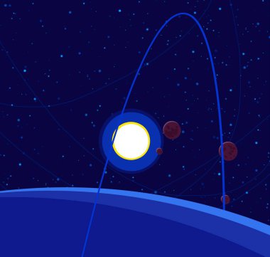 2d illüstrasyon. Karikatür stil boşluk resmi çizin. Derin geniş alan. Yıldızlar, gezegenler ve uydular. Çeşitli bilim kurgu yaratıcı fon. Uzay sanatı. Uzaylı güneş sistemleri. Gezegenler ve Uydular.