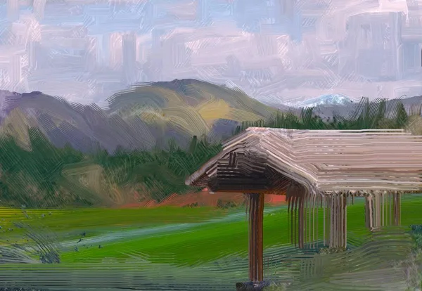 Illüstrasyon Yağlıboya Manzara Sanatı Kırsal Dağlık Bölge Renkli Yeşil Alan — Stok fotoğraf