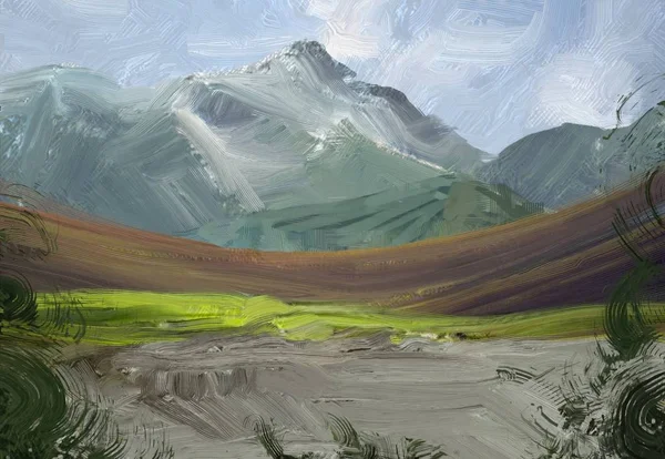 Colorato Campo Campagna Verde Erba Ora Legale Illustrazione Pittura Olio — Foto Stock