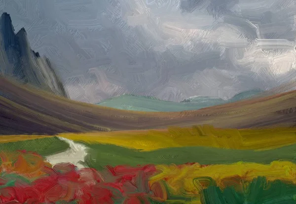 Kleurrijke Groene Platteland Veld Gras Zomertijd Illustratie Olieverfschilderij Landschapskunst Landelijk — Stockfoto