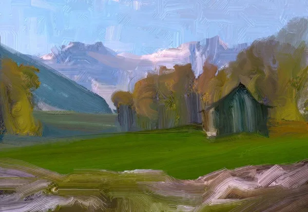 Illustrazione Pittura Olio Arte Paesaggistica Regione Rurale Montagna Campo Verde — Foto Stock