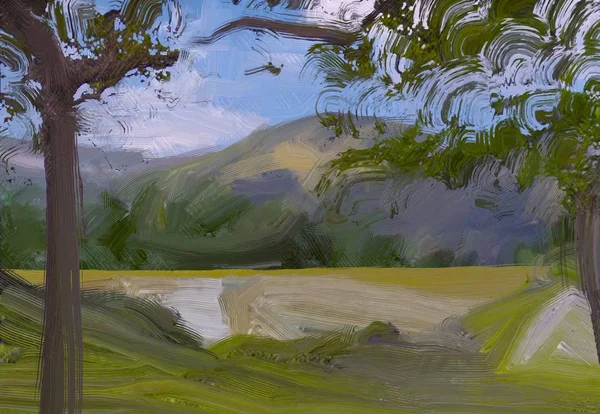 Abbildung Ölgemälde Landschaftskunst Ländliche Bergregion Farbenfrohe Grüne Landschaft Feld Und — Stockfoto