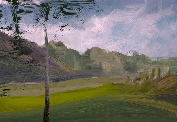 Ilustrace Olejomalba Krajinné Umění Venkovského Horského Regionu Barevné Zelené Pole — Stock fotografie