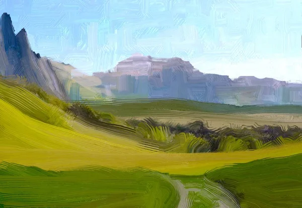 Ilustração Pintura Óleo Arte Paisagem Região Montanhosa Rural Campo Verde — Fotografia de Stock