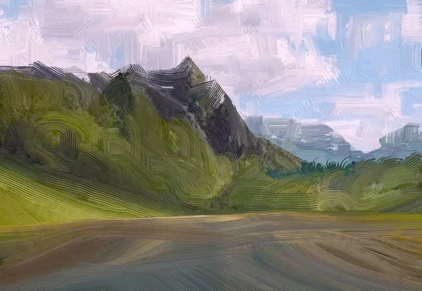 Illustrazione Pittura Olio Arte Paesaggistica Regione Rurale Montagna Campo Verde — Foto Stock