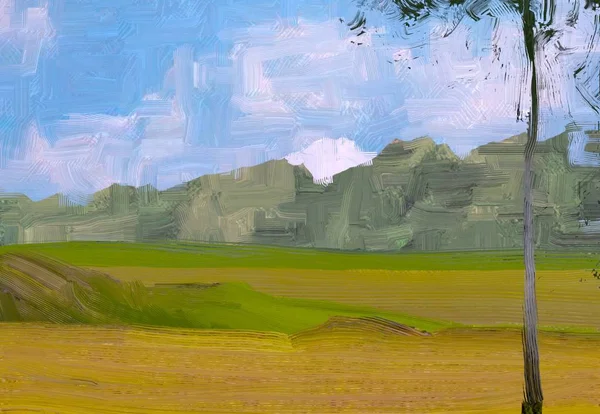 Illustrazione Pittura Olio Arte Paesaggistica Regione Rurale Montagna Campo Verde — Foto Stock