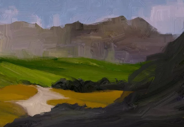 Illustrazione Pittura Olio Arte Paesaggistica Regione Rurale Montagna Campo Verde — Foto Stock