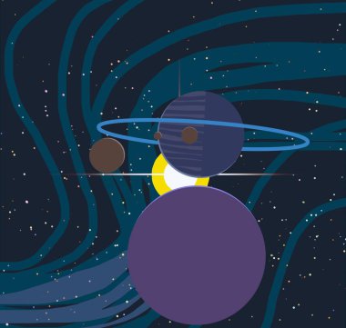 2d illüstrasyon. Karikatür çizmek tarzı. Derin yıldızlararası uzay. Yıldızlar, gezegenler ve uydular. Çeşitli bilim kurgu yaratıcı fon. Uzay sanatı. Hayali kozmik arka plan. Gezegenler ve Uydular.
