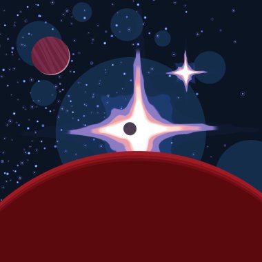 2d illüstrasyon. Karikatür çizmek tarzı. Derin yıldızlararası uzay. Yıldızlar, gezegenler ve uydular. Çeşitli bilim kurgu yaratıcı fon. Uzay sanatı. Hayali kozmik arka plan. Gezegenler ve Uydular.