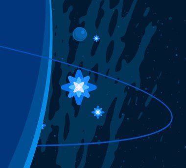  2D çizim. Çizgi film görüntüsü. Derin yıldızlar arası uzay. Yıldızlar, gezegenler ve uydular. Çeşitli bilim kurgu yaratıcı arka planlar. Uzay sanatı. Hayali kozmik fon. Gezegenler ve Aylar..