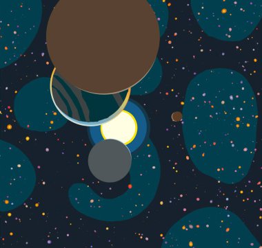 2d illüstrasyon. Karikatür stil boşluk resmi çizin. Derin geniş alan. Yıldızlar, gezegenler ve uydular. Çeşitli bilim kurgu yaratıcı fon. Uzay sanatı. Uzaylı güneş sistemleri. Gezegenler ve Uydular.