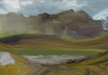 Renkli yeşil kırsal alan ve çim. Yaz zamanı. 2d illüstrasyon. Yağlıboya manzara sanatı. Kırsal dağlık bölge.