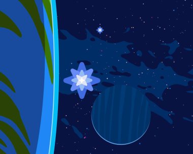 2D çizim. Çizgi film görüntüsü. Derin yıldızlar arası uzay. Yıldızlar, gezegenler ve uydular. Çeşitli bilim kurgu yaratıcı arka planlar. Uzay sanatı. Hayali kozmik fon. Gezegenler ve Aylar..