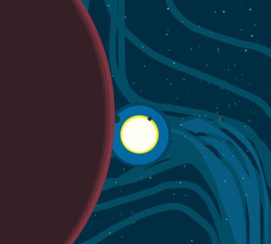 2D çizim. Çizgi film arkaplan resmi. Derin geniş uzay. Yıldızlar, gezegenler ve uydular. Çeşitli bilim kurgu yaratıcı arka planlar. Uzay sanatı. Yabancı güneş sistemleri. Gezegenler ve uydular..