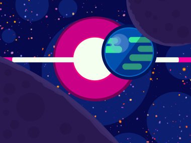 2d illüstrasyon. Karikatür uzay arka plan resmi. Derin geniş alan. Yıldızlar, gezegenler ve uydular. Çeşitli bilim kurgu yaratıcı fon. Uzay sanatı. Yabancı güneş sistemleri.