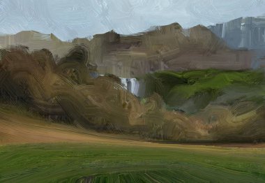 Renkli yeşil kırsal alan ve çim. Yaz zamanı. 2d illüstrasyon. Yağlıboya manzara sanatı. Kırsal dağlık bölge.