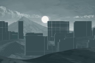 2d illüstrasyon. Gökdelen şehir metropol. Dijital sanat. El yapımı dijital boyama. 