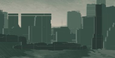 2d illüstrasyon. Gökdelen şehir metropol. Dijital sanat. El yapımı dijital boyama. 