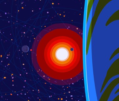 2d illüstrasyon. Karikatür stil boşluk resmi çizin. Derin geniş alan. Yıldızlar, gezegenler ve uydular. Çeşitli bilim kurgu yaratıcı fon. Uzay sanatı. Uzaylı güneş sistemleri. Gezegenler ve Uydular.