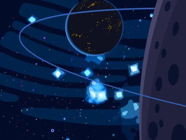 2d illüstrasyon. Karikatür stil boşluk resmi çizin. Derin geniş alan. Yıldızlar, gezegenler ve uydular. Çeşitli bilim kurgu yaratıcı fon. Uzay sanatı. Uzaylı güneş sistemleri. Gezegenler ve Uydular.