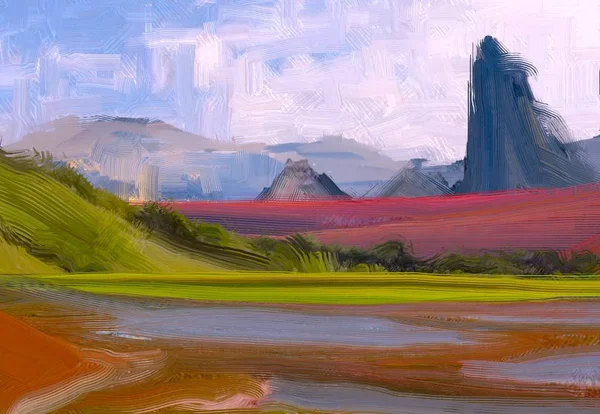 Ilustração Pintura Óleo Arte Paisagem Região Montanhosa Rural Campo Verde — Fotografia de Stock