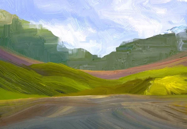 Ilustração Pintura Óleo Arte Paisagem Região Montanhosa Rural Campo Verde — Fotografia de Stock