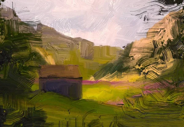 Εικονογράφηση Τέχνη Τοπίου Ελαιογραφία Αγροτική Ορεινή Περιοχή Πολύχρωμο Πράσινο Χωράφι — Φωτογραφία Αρχείου