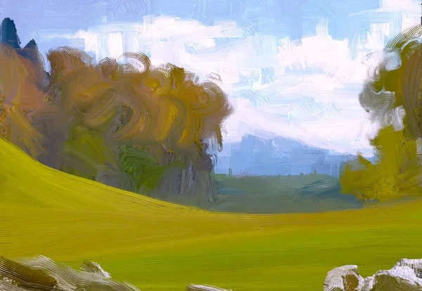 Ilustração Pintura Óleo Arte Paisagem Região Montanhosa Rural Campo Verde — Fotografia de Stock