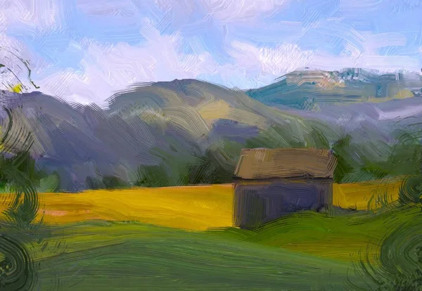 Ilustração Pintura Óleo Arte Paisagem Região Montanhosa Rural Campo Verde — Fotografia de Stock