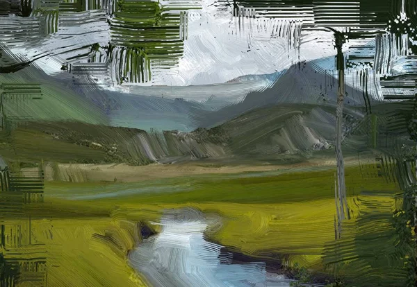 Colorato Campo Campagna Verde Erba Ora Legale Illustrazione Pittura Olio — Foto Stock