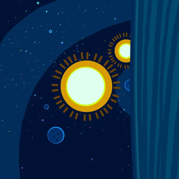 2d illustration. Cartoon draw style space picture. Deep vast space. Stars, planets and moons. Various science fiction creative backdrops. Space art. Alien solar systems. Planets and Moons.
