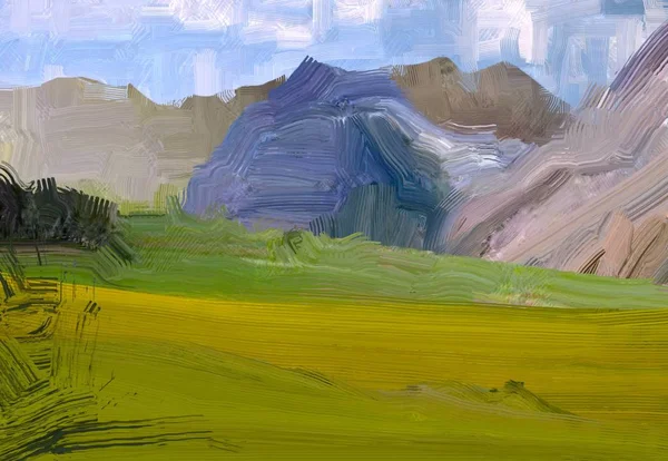 Illustrazione Pittura Olio Arte Paesaggistica Regione Rurale Montagna Campo Verde — Foto Stock